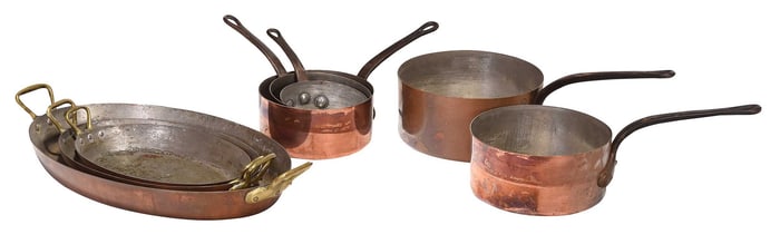 Eight French Tin Lined Copper Cooking Vessels
