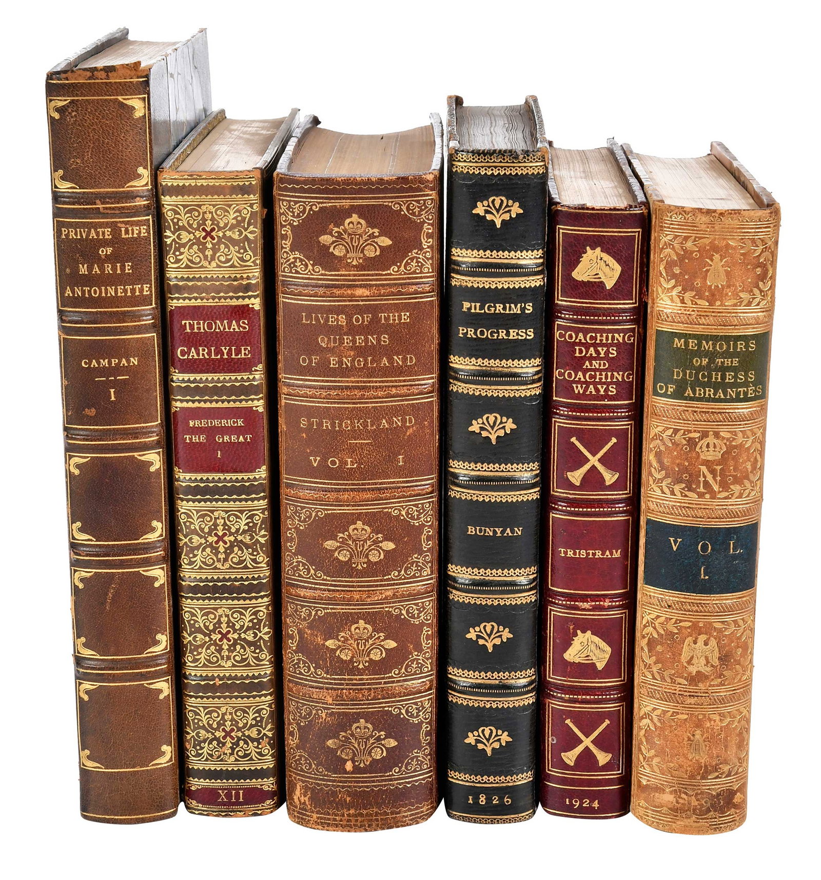 26 Leatherbound Volumes of British and Continental History: including: vols. XII-XVII, XXI, and XXVI-XXXI of The Works of Thomas Carlyle in Thirty Volumes (with historical sketches as vol. XXXI), Centenary Edition London: Chapman and Hall, gilt ruled polished 