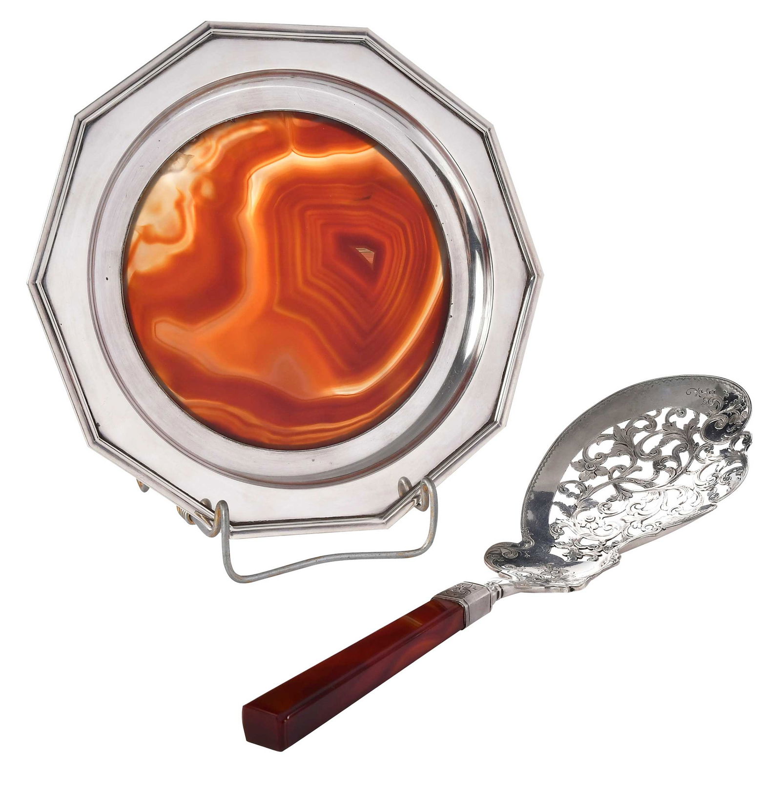 Agate and Silver Tray, with Server: 20th century, decagon shaped plate with banned agate center, partial mark, 8-1/2 in.; with Netherlands ornate silver server with pierced blade and banned agate handle, .833 fine, 12-1/4 in. Prove