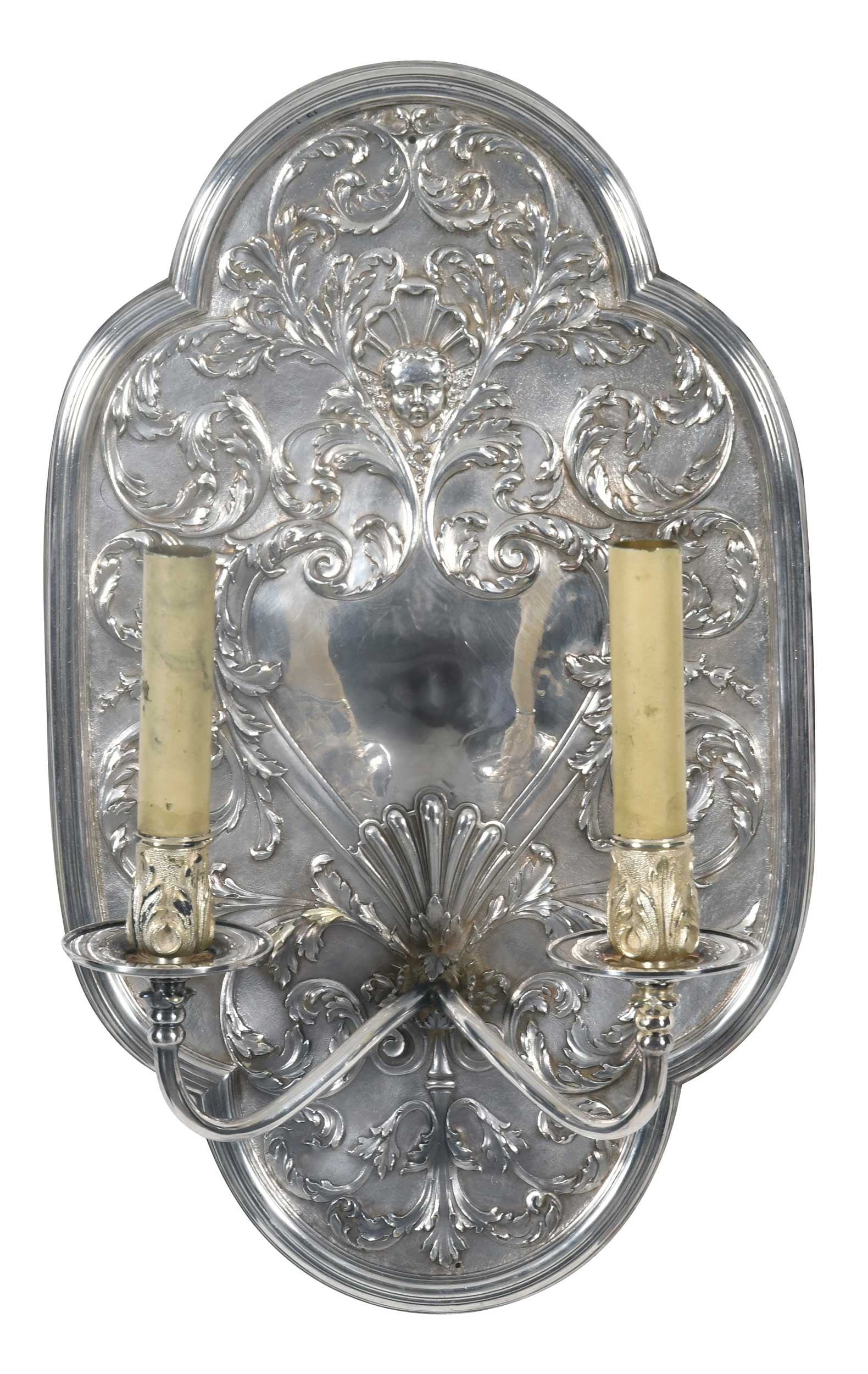 Neoclassical Style Silver Plate Wall Sconce with Two Arms: 20th century, cartouche form with scroll, foliate, and shell decoration, central mask, two arms, monogram, unmarked, 16-1/4 in. x 10 x 5-1/4 in. Provenance: Jolly Estate, Raleigh, North Carolina
