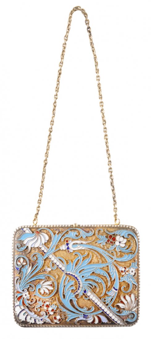 Russian Gilt Silver Champleve Enamel: Cigarette Case late 19th century, rounded rectangular form with open scroll and floral enamel top, white bead border, chain, partial mark, no monogram, .875 fine, 6.54 oz.T., 3-3/4 x 3 in., minor crac