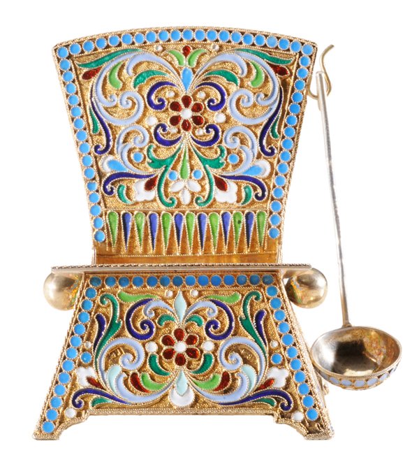 Russian Gilt Silver Cloisonné Enamel: Salt Throne and Spoon 1908-1926, scroll and floral overall enamel decoration, gilt interior, hook on side, mark for "?.?", 2-3/4 x 2-1/8 x 2-1/8 in., [good condition;] matching salt spoon, 2-1/2 in., 