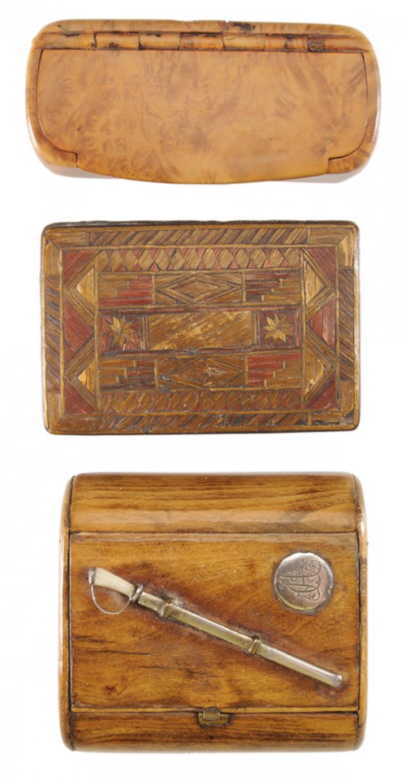 Three Russian or European Snuff: Boxes early 20th century: one silver mounted, rectangular with rolled end and applied removable bone/silver-plated sword/scabbard and monogram device, 1-1/2 2-1/8 x 3 in.; one burlwood oval rectangle,