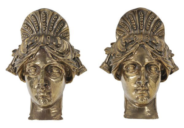 Pair Classical Bronze Architectural: Masks, Ceres possibly Continental, late 19th/early 20th century, Carson, Pirie, Scott Department Store in Chicago, column caps with mounting plates,13 x 10 x 5-1/4 in., good condition overall Provenan