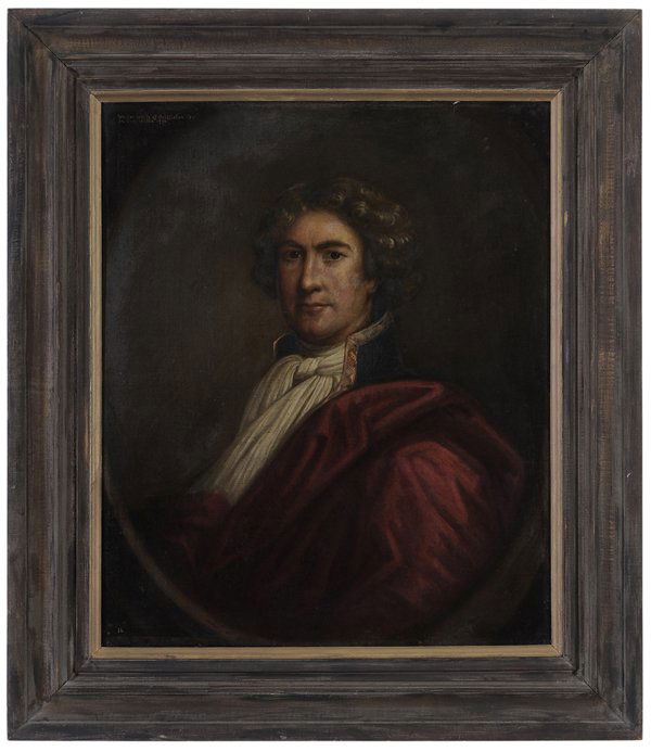 British School: (18th century) Portrait of "Walter White of Crittleton, Esqr./In Com: Wilts. 1770." inscribed upper left, "16." inscribed lower left, unsigned, oil on canvas, 30-1/8 x 25 in.; modern wood frame, lined