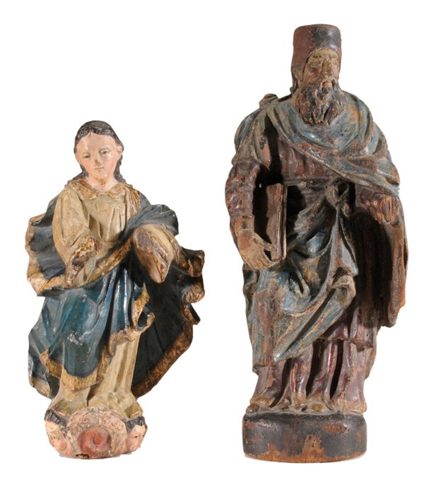Two Carved and Polychromed Santos: Figures Spanish, 17th/18th century: St. Anthony depicted holding a book, 11-3/4 in., [scattered paint losses overall, possible small loss at proper left hand;] Mary in an ivory and Prussian blue gown,