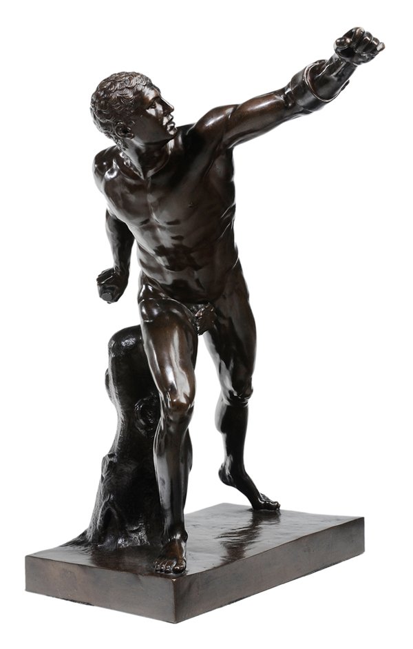 Classical Bronze, Barbedienne Foundry: (19th century) The Borghese Gladiator, after the antique by Agasias of Ephesus, foundry mark "F. Barbedienne Fondeur" with "A. Collas" reduction stamp, 26-1/2 x 21-1/2 x 22-1/2 in., brown patina, mino