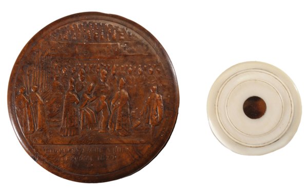 Charles X Coronation Lidded Burlwood: Box, Ivory and Tortoise-Inset Patch Box 19th century: burlwood box with figures in coronation scene in fine relief carving, tortoise interior, marked at base "Charles X Sacré A Rheims/Le 29 Mai-1825"