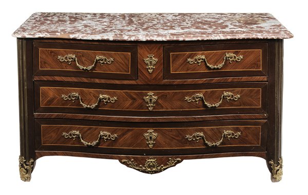 Louis XV Style Parquetry-Veneered and: Marble-Top Commode French, late 19th/early 20th century, set with walnut and other veneers, dovetailed drawers set with gilt bronze pulls and escutcheons, bookmatched side panels, paneled back, 29-1/4