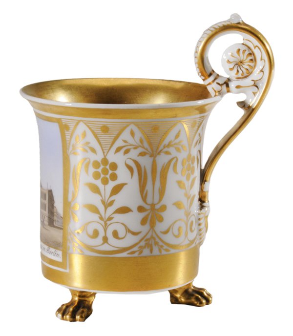 Berlin Hand-Painted Porcelain Cabinet: Cup German, early 19th century, flaring hand-painted can-form cup, view of Prussian opera house and inscribed [Das neue Schauspielhaus in Berlin,] gilt anthemion frieze, applied handle with acanthus d
