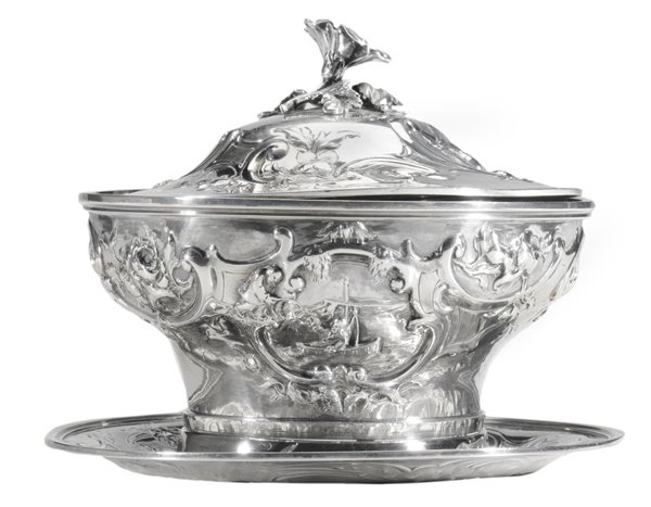 Hunt & Roskell English Silver Covered: Bowl, Under Plate London, 1849, round with repoussé scroll and floral decoration, cartouche with figure in boat, marks for John Samuel Hunt (Hunt & Roskell), also marked "Storr Mortimer & Hunt", mono