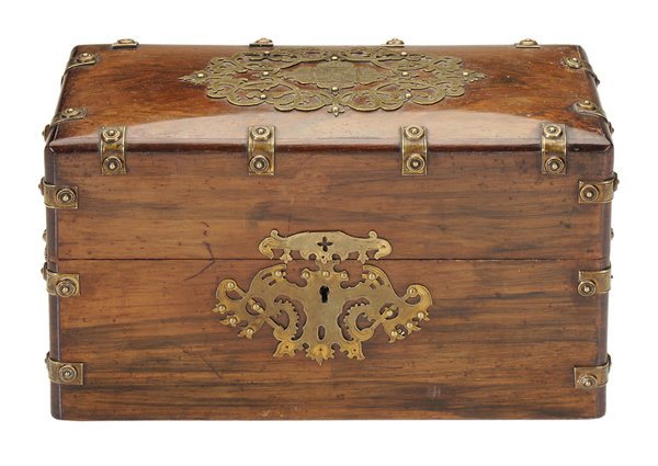 Rosewood Box, Fine Brass Mounts: British, 19th century, elaborate openwork brass escutcheon and decoration on lid, strapwork borders, interior with three fabric-lined compartments, 6-3/4 x 12 x 5-1/2 in., lacking one piece corner mol
