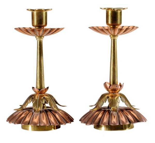Pair Copper and Brass Arts and: Crafts Candlesticks English, early 20th century, attributed to William Arthur Smith Benson, British, 1854-1924, fluted copper bobeches and brass acanthus leaf and raised copper base, unsigned, 8 in.,