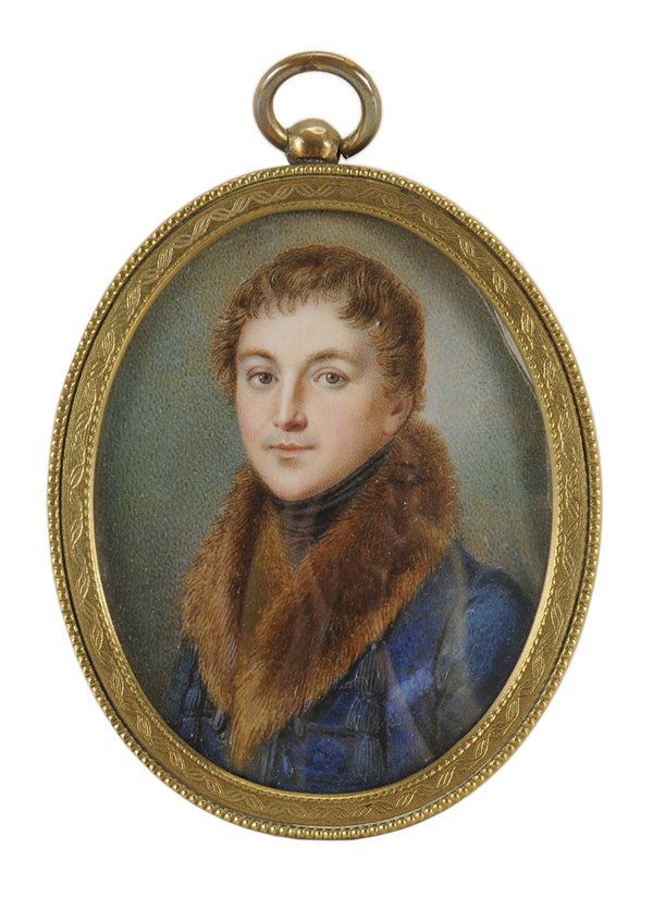 Continental School: (19th century) Miniature Portrait of a Gentleman, wearing a blue coat with large fur collar and black stock, unsigned, watercolor on ivory, 2-5/8 x 2 in.; gilt metal locket frame, slight moisture dama