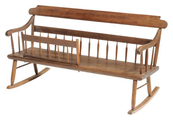 American Windsor Mammy Rocking Bench: probably Pennsylvania, 19th century, walnut back rails and poplar plank seat, 29 x 56 x 26 in., cracks and scattered patches to plank seat, rockers replaced, restorations at leg joints, other repairs