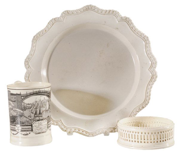 Creamware Mug, Coaster, Stoneware: Platter English, 18th/19th century: creamware mug with applied handle and transfer decorated with a "Southeast View of a stupendous iron bridge over the Weir near Sunderland under the patronage of R.