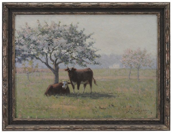 Jacob Wagner: (Massachusetts, 1852-1898) "In The Shade", cows under a flowering fruit tree, signed lower right "J. Wagner", oil on canvas, 20 x 27 in.; original carved and silver gilt wood frame, original stretcher