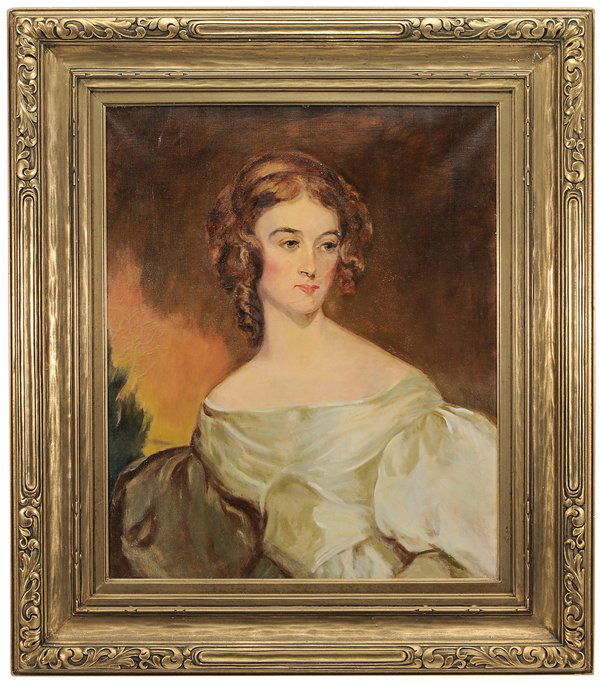 American School: (20th century) Portrait of Mrs. Thomas Green of Virginia, unsigned, oil on canvas, 29 x 24 in.; fine early 20th century carved and gilt wood Newcomb-Macklin frame, water damage with associated lifting