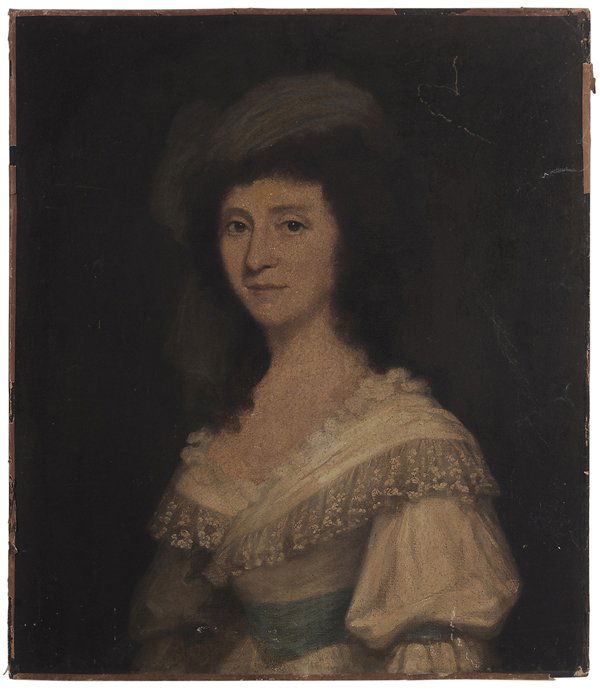 American or British School: (19th century) Portrait of a woman, unsigned, oil on canvas laid on board, unframed, 30 x 25-3/4 in., surface grime, crackle, cleavage, abrasions, losses at edges, retouch primarily in background Prov