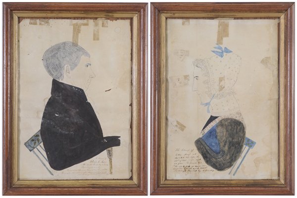 Rare Pair Virginia Portraits, Philip: Amiss (19th century) Rare pair Virginia portraits: likenesses of Philip N. Amiss and Edna Amiss, each depicted half length and seated in a fancy chair, he with inscription "The likeness of Philip N. A