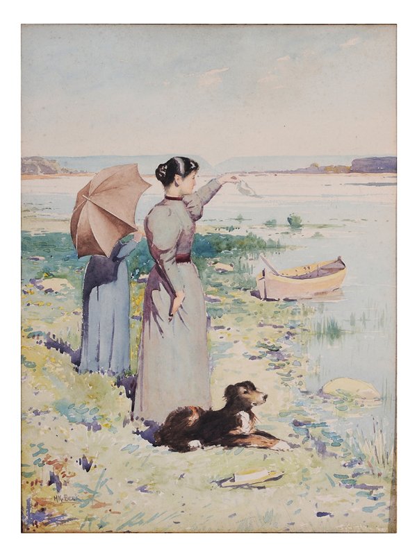 Henry Kepple Beck: (Pennsylvania/Illinois, 1862-1937) Women and Dog at the Edge of a Lake, signed lower right "H.K. Beck", watercolor on paper, unframed, 14-1/2 x 10-1/2 in., mounted to card, mat glued to front, light f