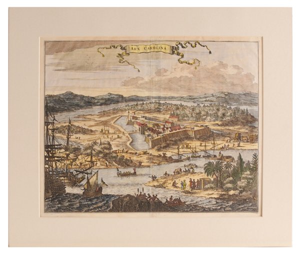 Arnoldus Montamus: [Arx Carolina,] publisher Jacob Van Meurs, Amsterdam, 1691, copper plate engraving, matted but unframed, 11 x 13-3/4 in., good condition Provenance: Property of a North Carolina Gentleman