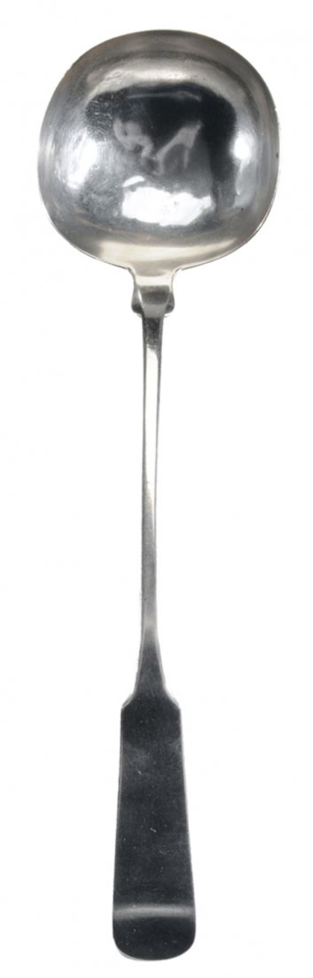 Hayden Brothers & Co. Coin Silver: Ladle American, mid 19th century, downturned tipt back handle, marks for Hayden Brothers & Co. (Charleston, working 1852-1855), pseudo hallmarks, no monogram, 4.87 oz.T., 13-3/4 in., bowl with dents a