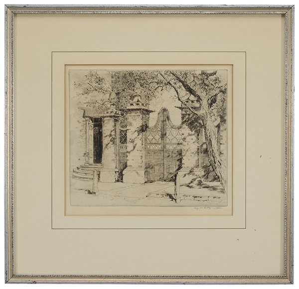 Alfred Heber Hutty: (Charleston, South Carolina, 1877-1954) The Smythe Gate, Charleston, South Carolina, signed lower right "Alfred Hutty" with snail cipher, titled in margin in pencil, etching on paper, 7-5/8 x 8-3/4 in