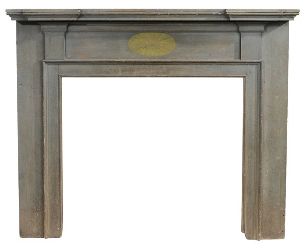Kentucky Federal Paint-Decorated Fire: Surround attributed to Todd County, Kentucky, 19th century, poplar throughout with yellow-painted faux fan decoration on pale blue ground, original paint, 45-1/2 x 53-3/4 x 7 in., good condition overa