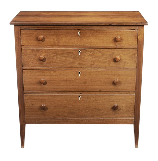 Southern Federal Inlaid Walnut Four-: Drawer Chest probably North Carolina, 19th century, dovetailed drawers with yellow pine secondary, inlaid bone kite escutcheons, tapered legs, 42-1/2 x 41 x 20 in., refinished, top set with some later