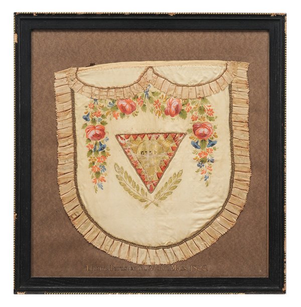 Silk Masonic Apron: American, early 19th century, painted floral swag over a polychrome decorated set-square on leather, gold metallic braid attached to silk ruffled border, mounted on brown mat, inscribed "Thomas Farnsw