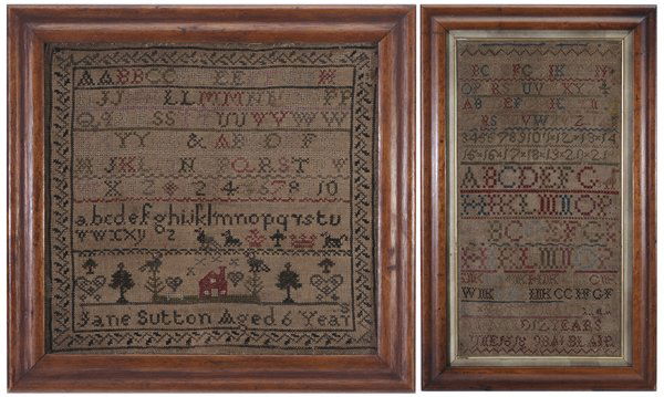 Two Alphabet Samplers: probably American, early to mid 19th century, both wool on linen, one 17 x 9 in.; one signed "Jane Sutton Aged 6 Year" at bottom, 10-1/2 x 11 in.; both with later wood frames, both with losses, fading
