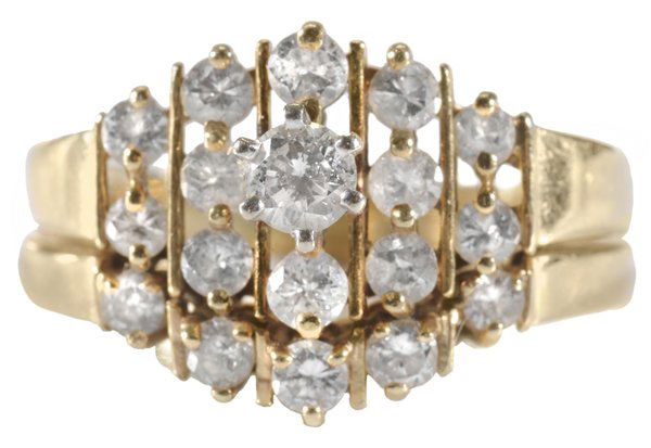 Diamond and Gold Bridal Ring Set: solder-joined matching yellow gold and diamond engagement and wedding rings, stamped "14K", engagement ring centering 1.20-ct. round brilliant diamond, set in vertical rows on joined rings are 17 roun