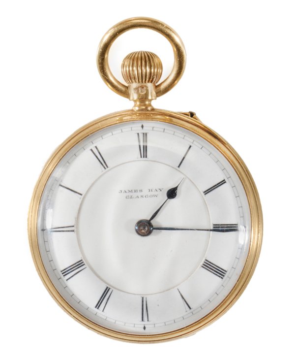 18 Kt. Gold Pocket Watch: mid 19th century, open-faced, stamped "18 K" yellow gold, push-button stem set, stem wind, case number 76241, brass movement marked "James Hay Glasco 76241", white dial, Roman chapters, 1-1/2 in., min