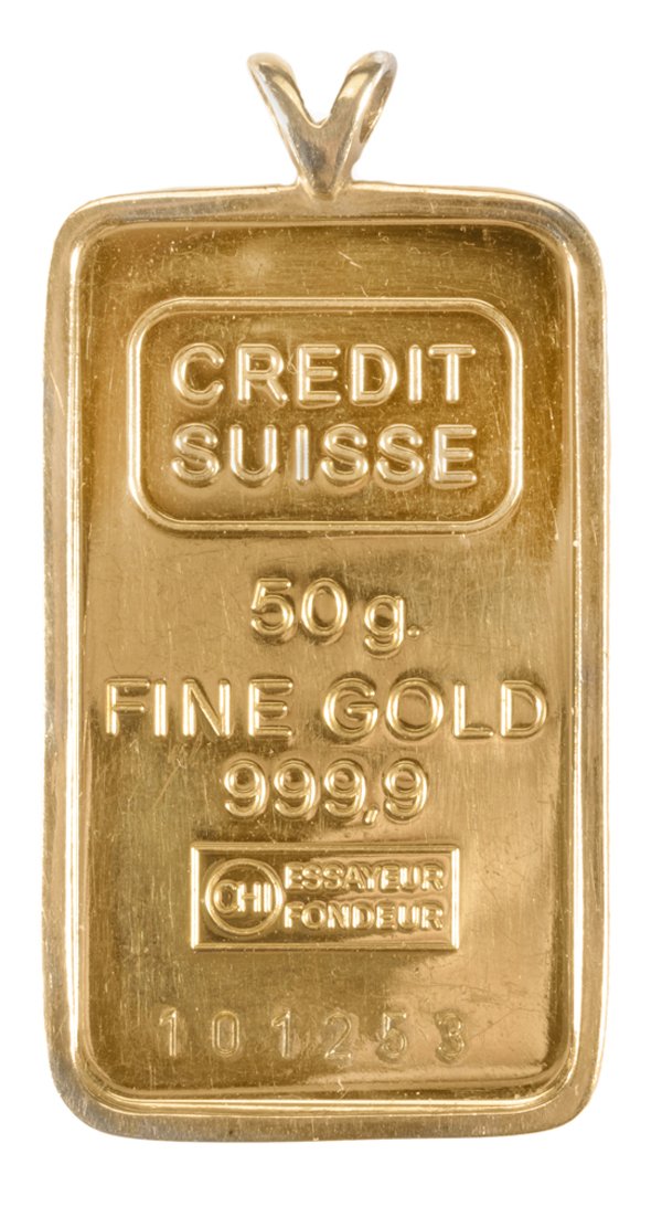 Fine Gold Credit Suisse Pendant, 50: Grams "999.9" fine gold Credit Suisse gold bar, number 101253, in 14 kt. yellow gold bezel pendant with open-vee bail, gross weight 56.3 grams, good condition Provenance: Private Collection