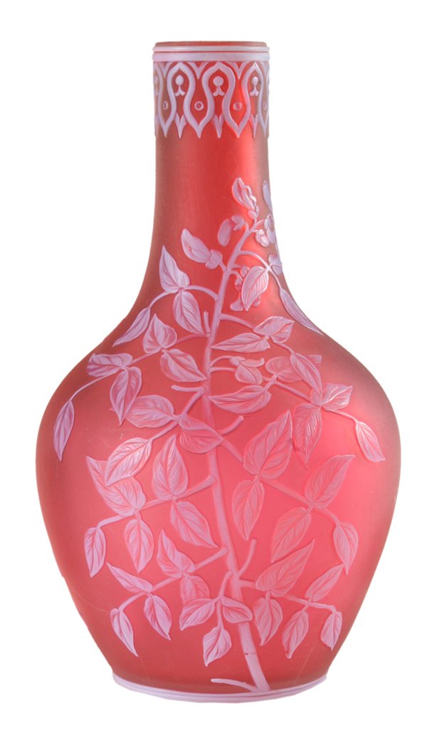 Cameo Art Glass Vase: attributed to Thomas Webb (1804-1869), later Thomas Webb & Sons, British, mid to late 19th century, sweet pea and butterfly decoration on matte red ground, 8-1/4 in., minor surface losses and wear