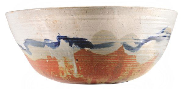 Toshiko Takaezu: (Hawaii, 1922-2011) Monumental stoneware bowl, interior with rich cobalt strokes on light gray ground, exterior with cobalt, iron red and other glazes, base incised "TT", 9 x 20-1/2 in., excellent con