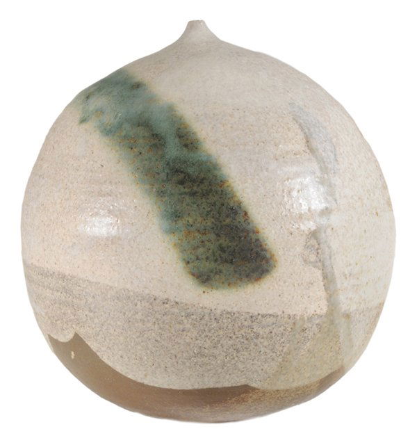 Toshiko Takaezu: (Hawaii, 1922-2011) Stoneware moon vase, white glaze with green band, 8-1/4 x 7 in. excellent condition Provenance: Collection of Jane Brown and the Late Bill Brown Director of Penland School, Penland