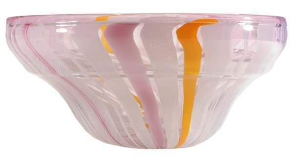 Fritz Dreisbach: (Ohio, 1941) blown glass bowl, latticino decoration with shades of orange, lavender and pink, unsigned, 5-3/4 x 12-1/2 in., good condition, base with wear Provenance: Collection of Jane Brown and the 