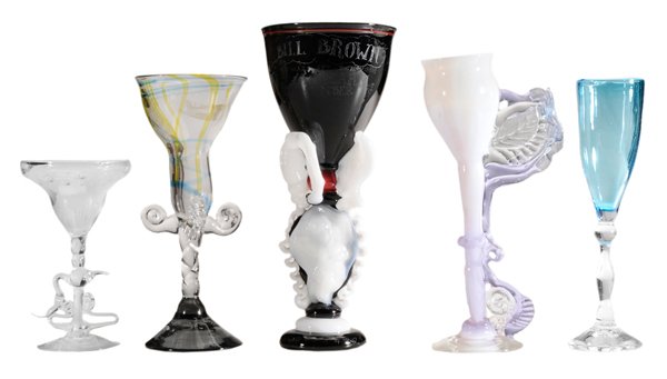 Five Blown Glass Goblets: one clear by Fritz Dreisbach with presentation inscription, "Happy 21 Fritz" with 21 numbered bubbles spiraled around top, 7-3/4 in.; one "engraved celebration chalice", 1975, by Fritz Dreisbach, Rob 