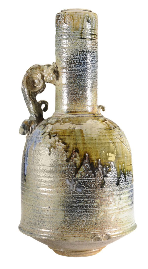 Don Reitz: (Pennsylvania, born 1947) Large-scale stoneware bottle-form vessel, speckled and runny glazes with cobalt and blue highlights, incised surface decoration, apparently unmarked, 23-1/2 in., one repair t
