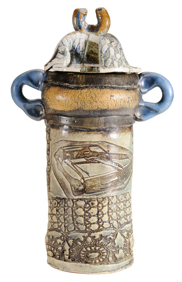 Erik Gronborg: (Danish, born 1931) lidded stoneware vessel, decorated surface below two blue-glazed loop handles, one side with four graphs of Dow Jones Industrial Average and the Associated Press stock averages, ot