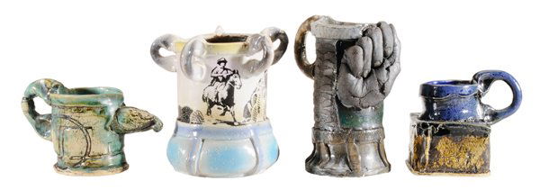 Erik Gronborg: (Danish, born 1931) Four whimsical vessels: mug with full relief hand, impressed artist mark, 7 in., [firing cracks]; vessel with five handles and print of a cowboy in the desert, impressed artist mar