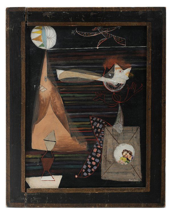 Hananiah Harari: (New York, 1912-2000) The Circus, 1940, signed lower right "Harari", oil on canvas, 14-7/8 x 11 in.; original painted wood frame, original stretcher and tacking edge, grime, 1/4 in. tear lower right,