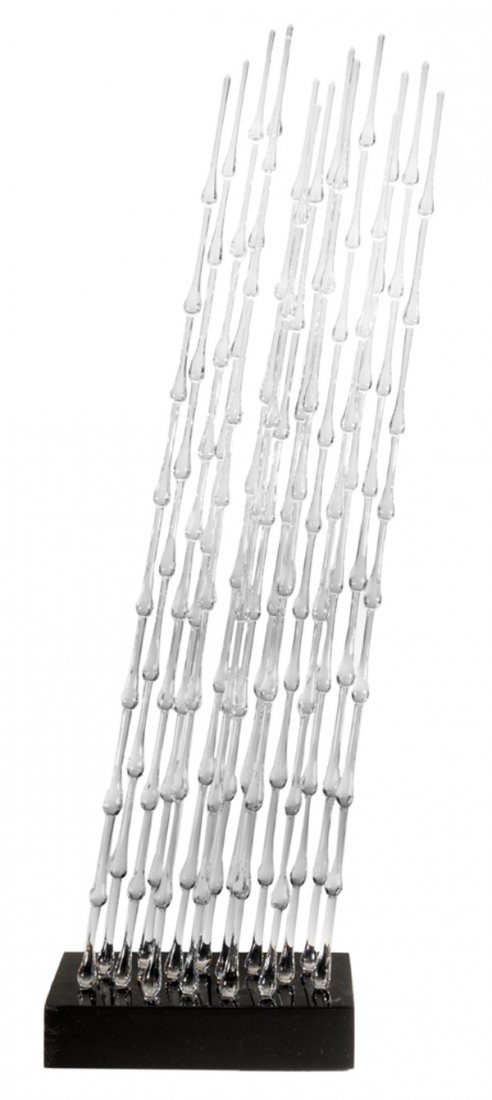 Guyol: (Canadian, born 1935) Glass sculpture, [La Pluie] (Raindrops), crystal stems seated in a black Lucite platform base, 33 in., good condition overall Provenance: Private Collection, Biltmore Forest, Nor