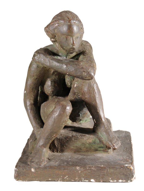Plaster Figure of Seated Nude: (20th century) Seated figure with left hand on shoulder, her right hand supporting herself on step, painted plaster, platform base signed illegibly and dated, 8-1/2 x 6 x 6 in., minor wear to painted