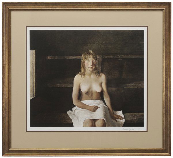 Andrew Newell Wyeth, N.A.: (Pennsylvania/Maine, 1917-2009) "Sauna", published by Brandywine Conservancy, Inc., 1979, edition 17/200, blindstamp lower left, signed lower right "Andrew Wyeth", collotype on paper, 19-5/8 x 23 in.;