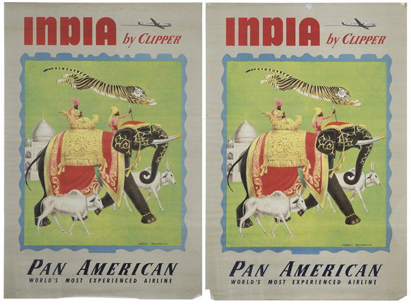 Two Travel Posters, Baskerville: (20th century) both "India By Clipper", Charles Baskerville (New York, 1896-1994), signed in stone, color lithographs on paper, both unframed, 41-1/4 x 27-7/8 in., rolling creases, small tears, some f