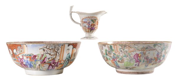 Three Pieces 19th Century Chinese: Export Porcelain Chinese: Rose Mandarin bowl finely decorated with figures and animals, one woman holding a scepter, 9-3/4 x 11-1/2 in., [interior restoration;] [Famille Rose] bowl with figures in var