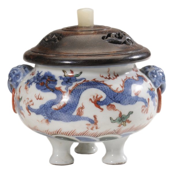 Enameled Dragon Censer and Cover: Chinese, 19th/20th century, heavily enameled circular censer with applied elephant handles with ring drops on squat-form body with five-toed dragons, stylized bats and clouds, black and navy repeating